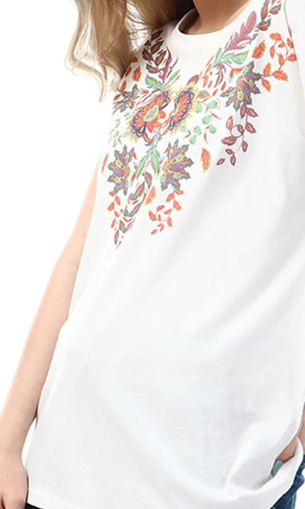 56830 Floral Printed Round White T-Shirt