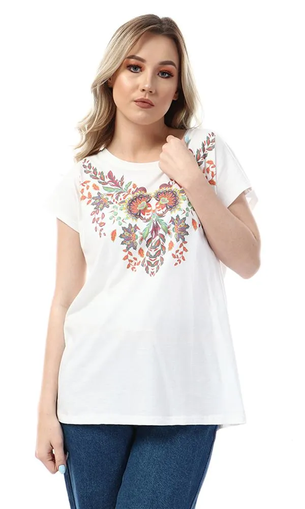 56830 Floral Printed Round White T-Shirt