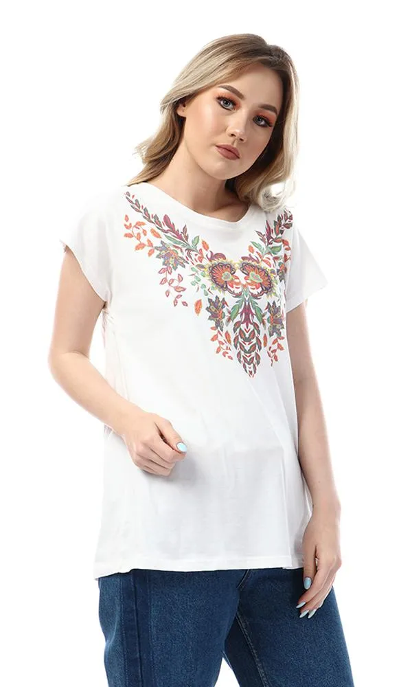 56830 Floral Printed Round White T-Shirt