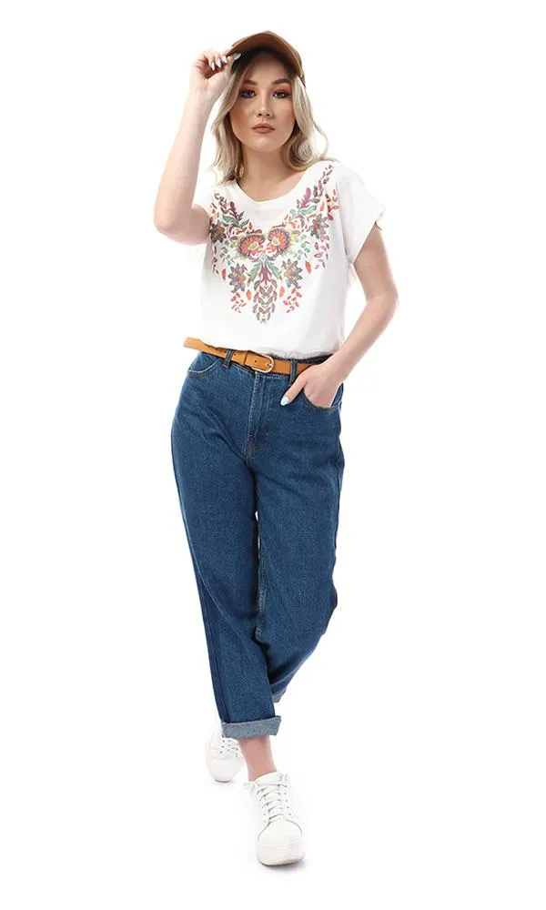 56830 Floral Printed Round White T-Shirt