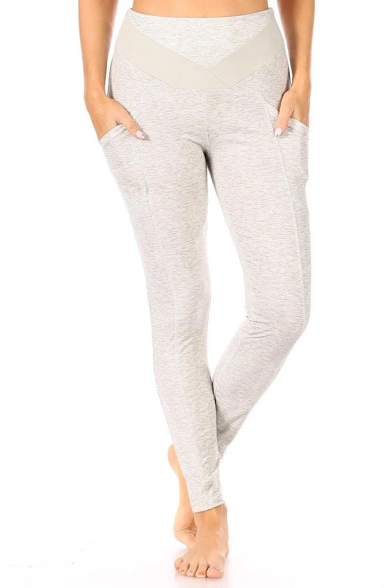 7/8 High Waist Leggings With V Shape Contrast Waistband & Pockets - Grey Space Dye