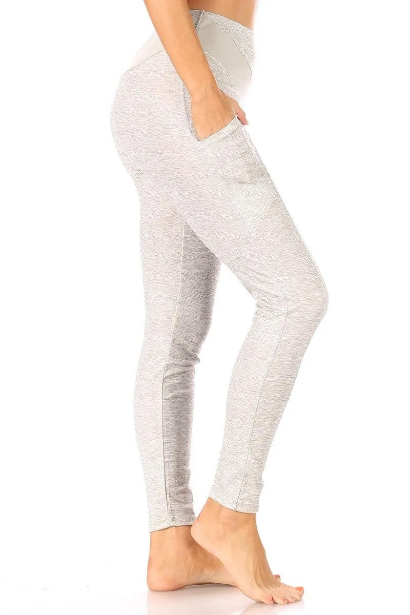 7/8 High Waist Leggings With V Shape Contrast Waistband & Pockets - Grey Space Dye