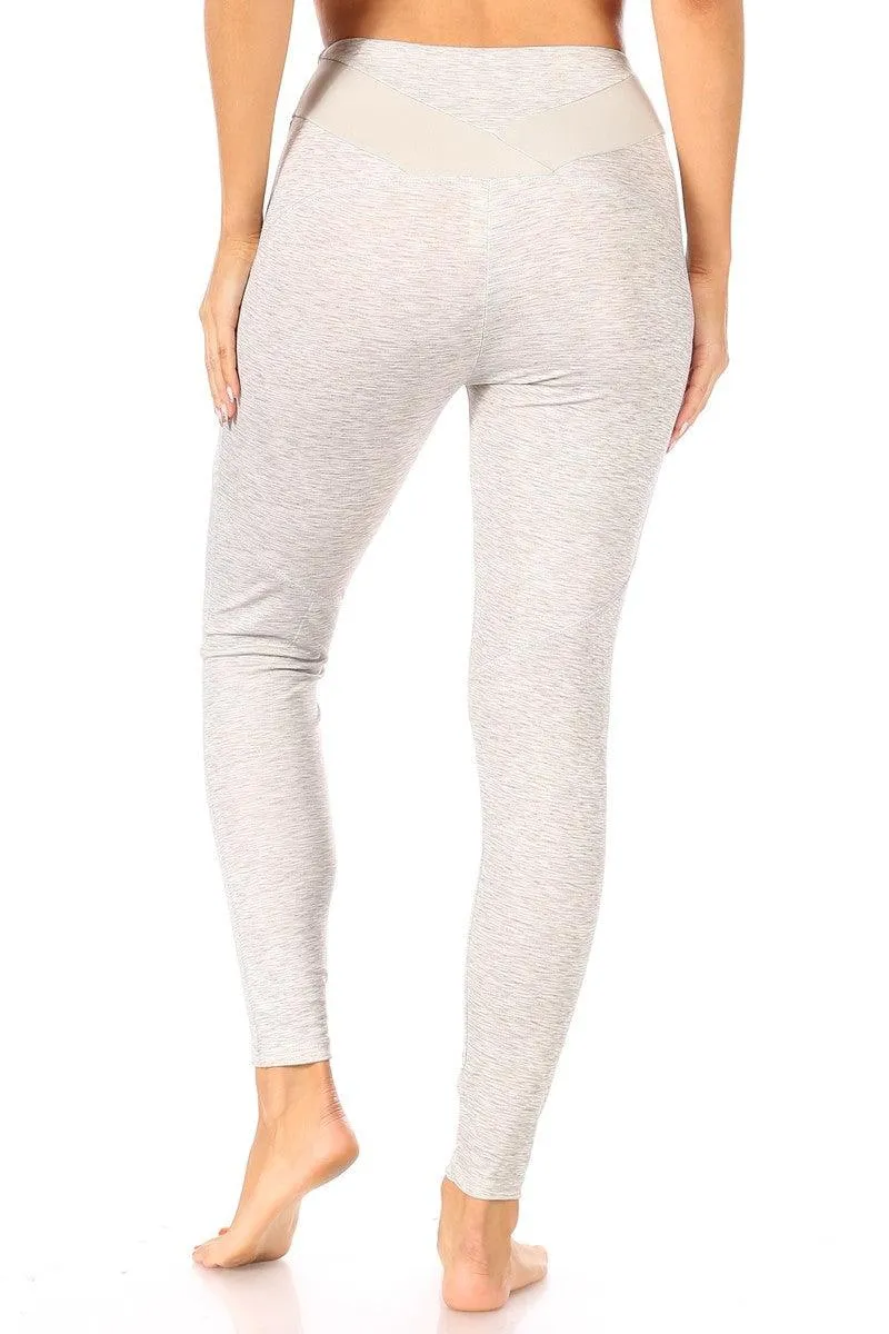 7/8 High Waist Leggings With V Shape Contrast Waistband & Pockets - Grey Space Dye