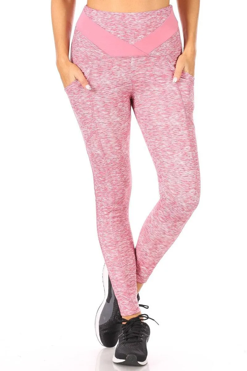 7/8 High Waist Leggings With V Shape Contrast Waistband & Pockets - Pink Space Dye