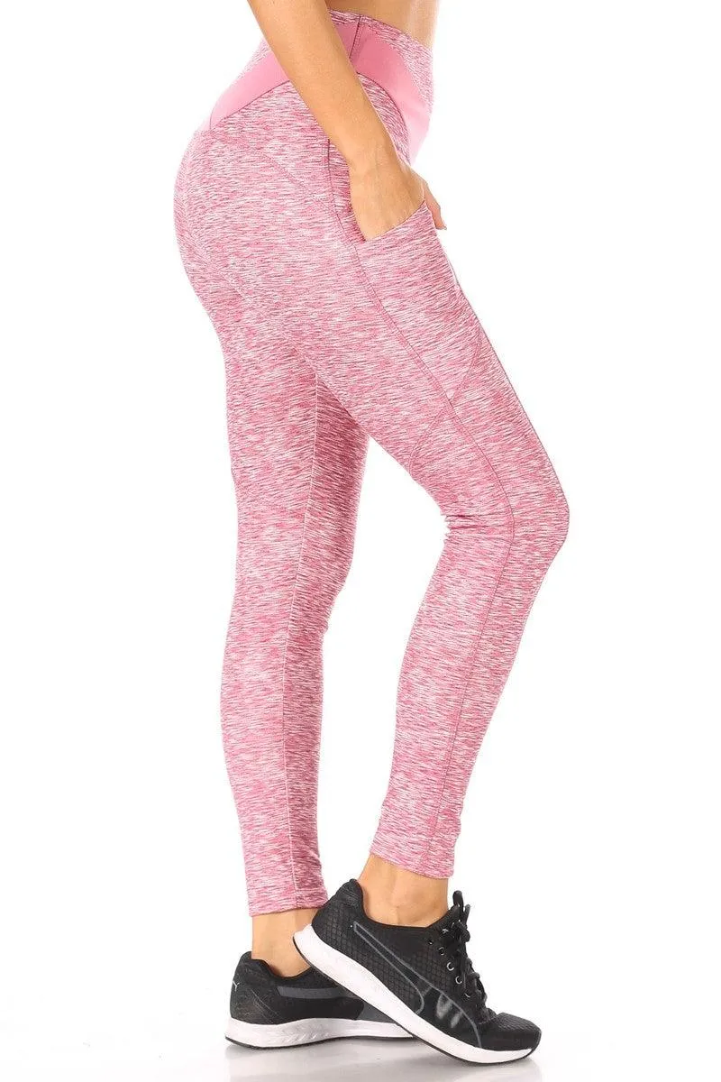 7/8 High Waist Leggings With V Shape Contrast Waistband & Pockets - Pink Space Dye