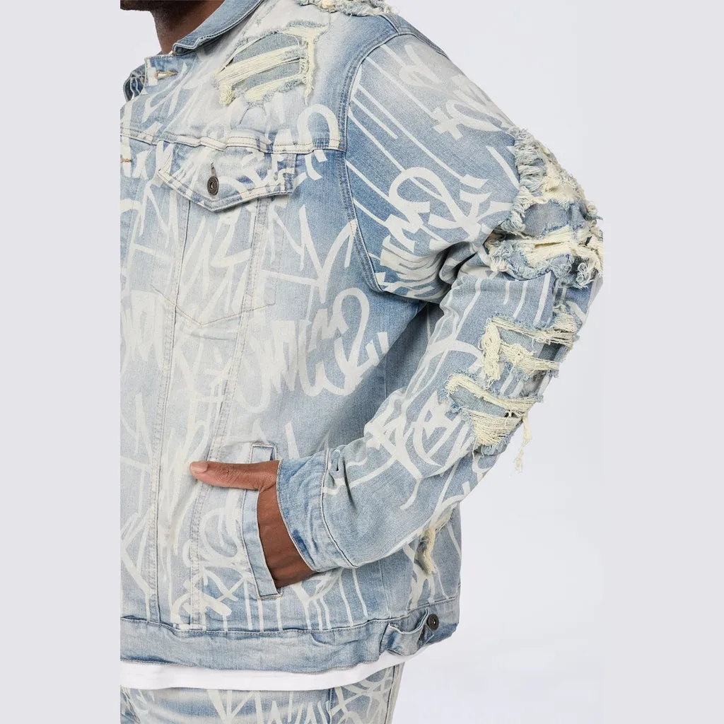 Big and Tall - Heavy Rip & Repair Doodle Jean Jacket - Nassau Blue