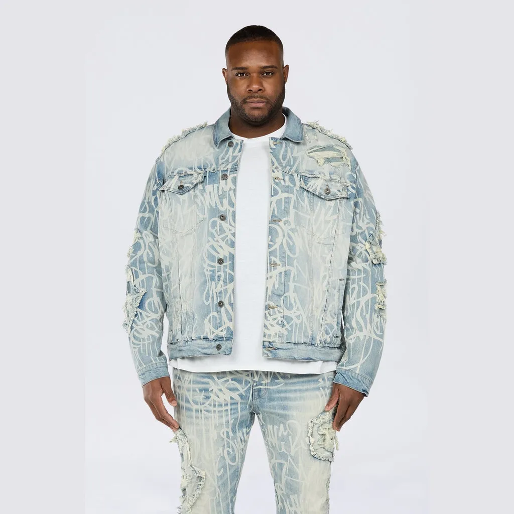 Big and Tall - Heavy Rip & Repair Doodle Jean Jacket - Nassau Blue