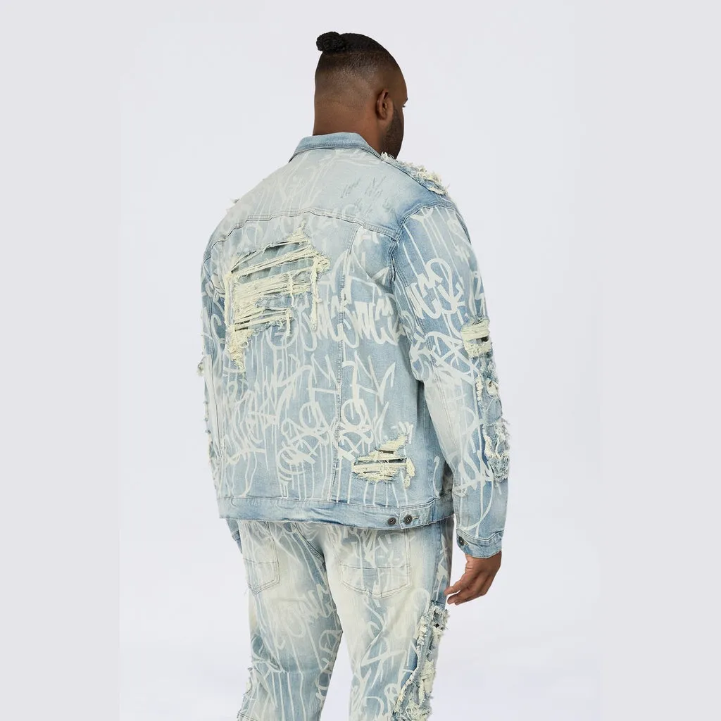 Big and Tall - Heavy Rip & Repair Doodle Jean Jacket - Nassau Blue