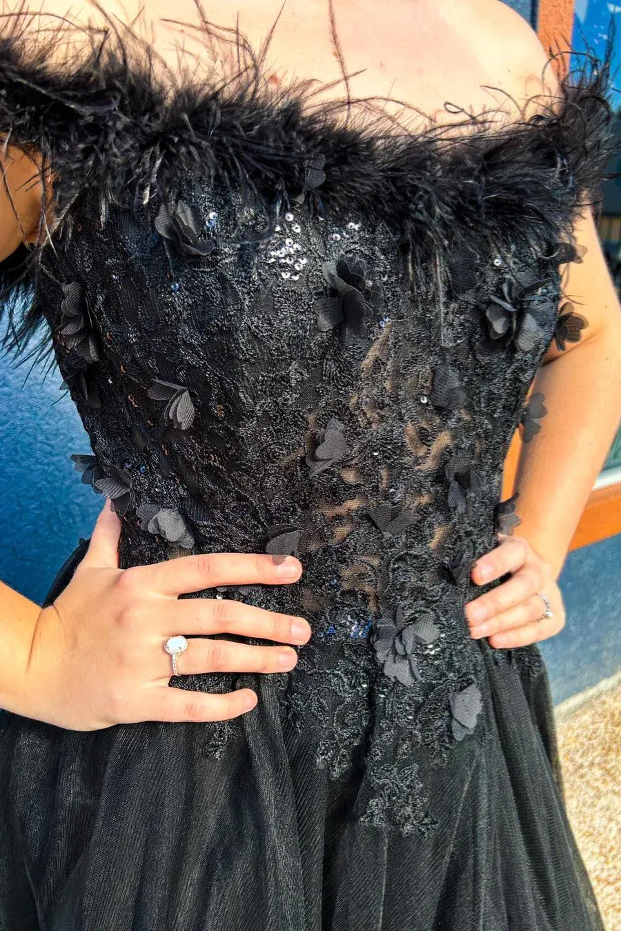 Black Feathered Off-Shoulder A-line Long Prom Dress with Slit,DP1162