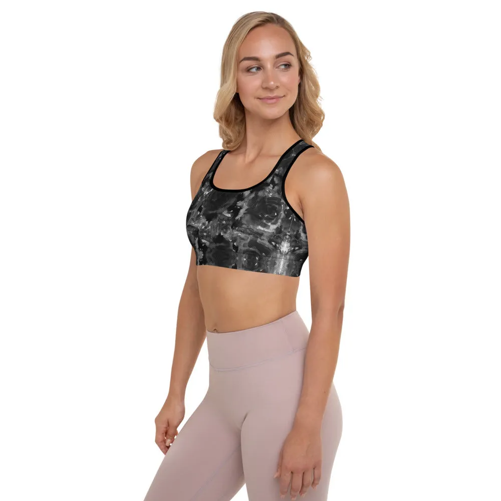 Black Floral Padded Sports Bra, Abstract Flower Rose Printed Workout Bra-Made in USA/EU