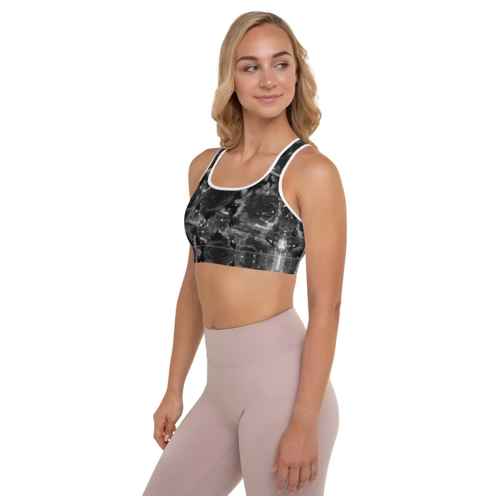 Black Floral Padded Sports Bra, Abstract Flower Rose Printed Workout Bra-Made in USA/EU