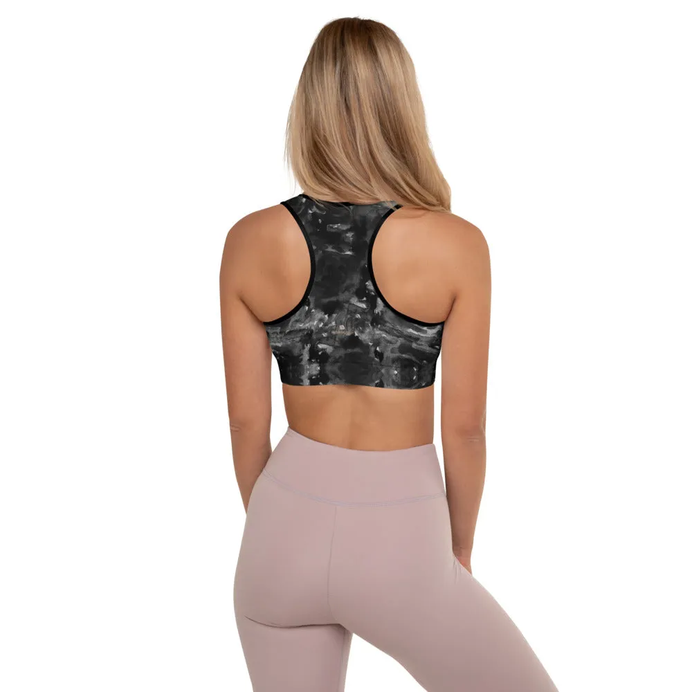 Black Floral Padded Sports Bra, Abstract Flower Rose Printed Workout Bra-Made in USA/EU