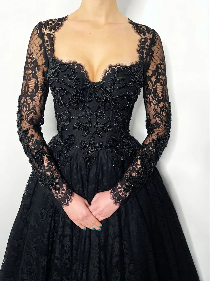 Black Gothic Embellished Beaded Lace Corset Wedding Dress Alternative Bride Sparkly Prom Dress,DP698