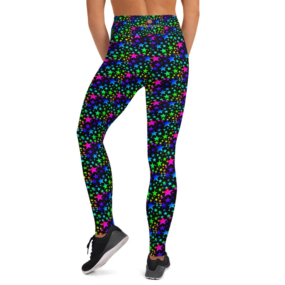 Black Rainbow Star Print Leggings, Women's Long Workout Yoga Pants- Made in USA/EU