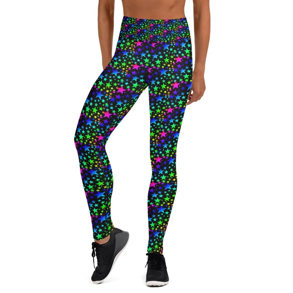 Black Rainbow Star Print Leggings, Women's Long Workout Yoga Pants- Made in USA/EU