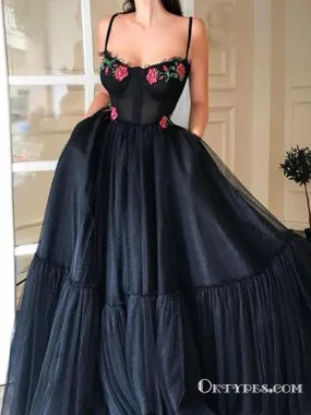 Black Tulle Spaghetti Straps Long Evening Gowns With Appliques Prom Dresses, TYP1700