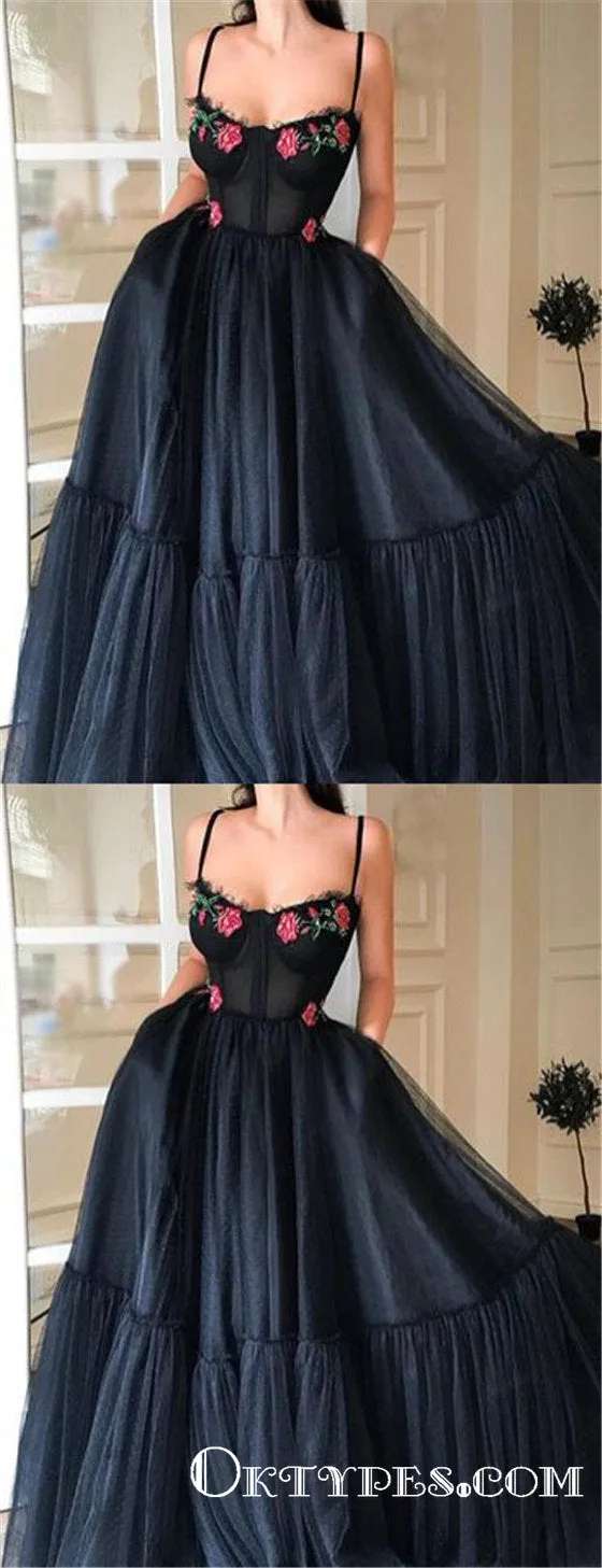 Black Tulle Spaghetti Straps Long Evening Gowns With Appliques Prom Dresses, TYP1700