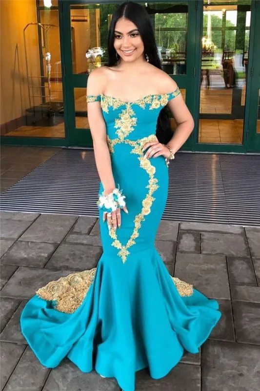 Blue Off-The-Shoulder Mermaid African Prom Dress with Gold Appliques,DP938