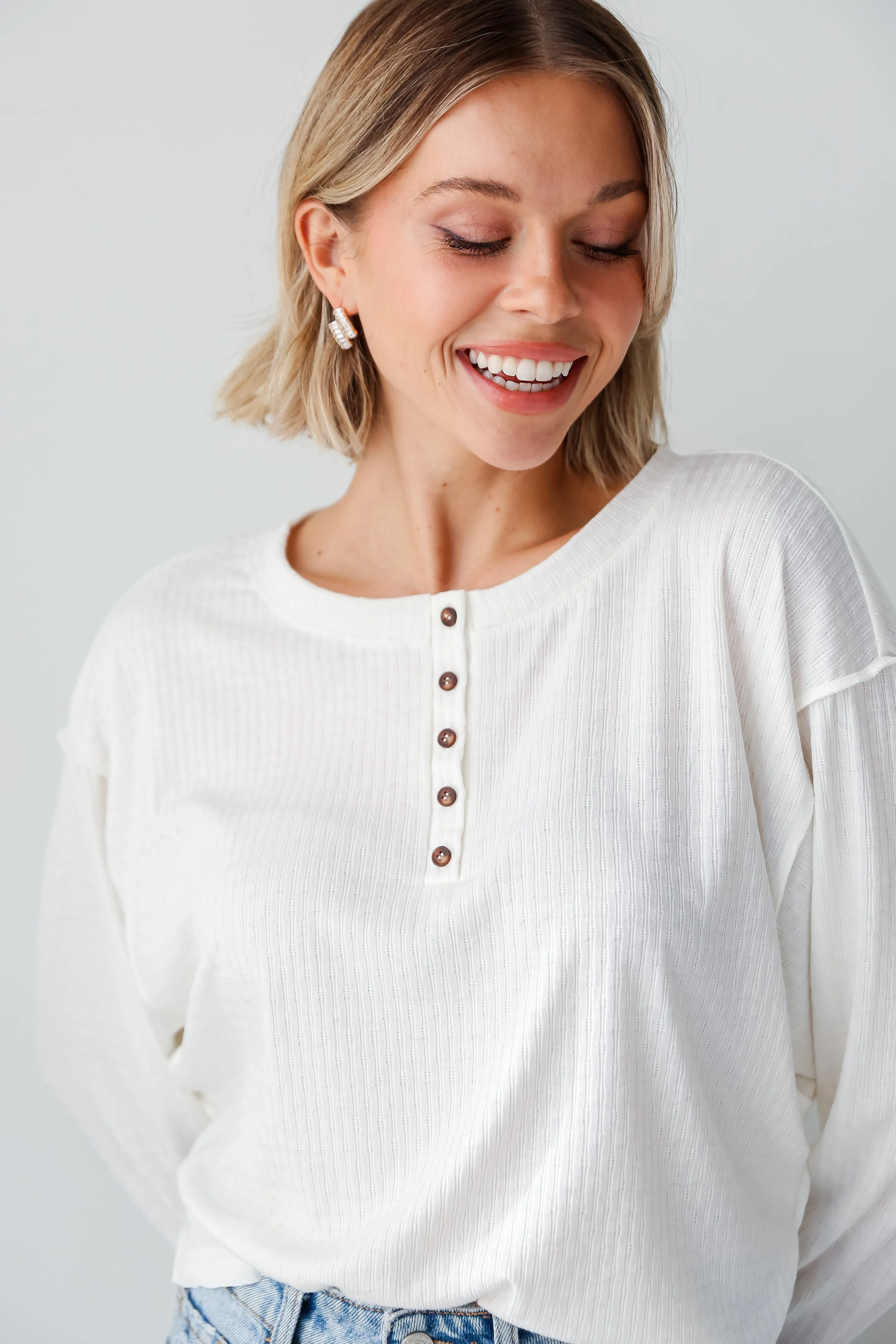 FINAL SALE - Amber White Henley Knit Top - DU DEAL