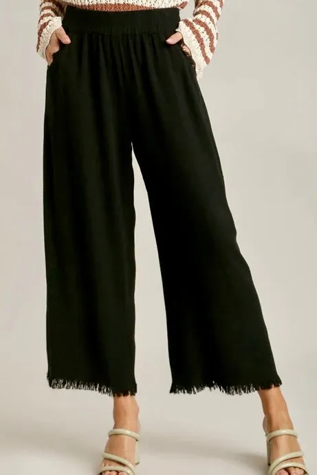 Frayed Wide Leg Linen Blend Cropped Pants- Black