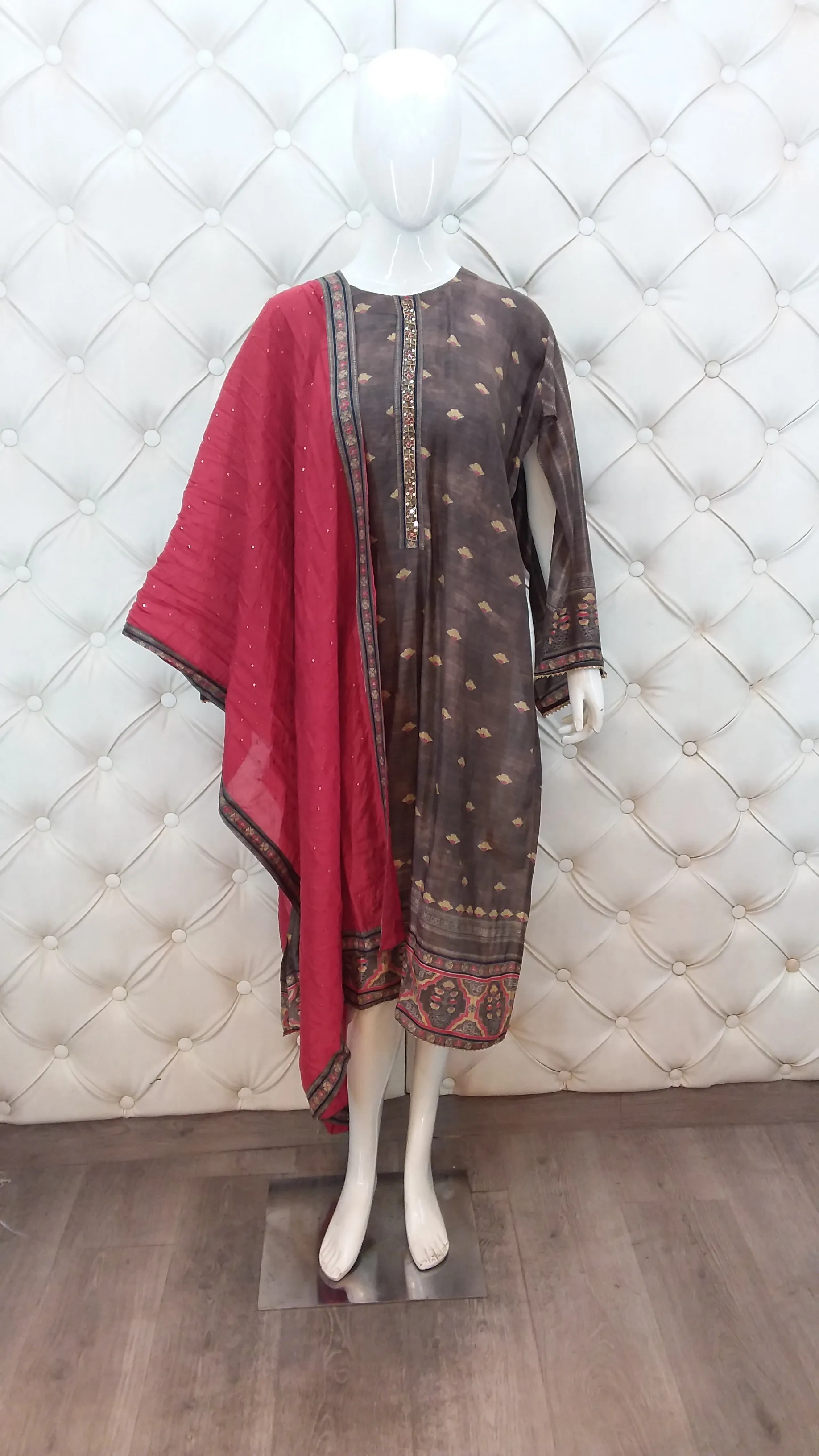 Grey Semi Stitched Suit Hand Embroidered Contrast Georgette Dupatta Border