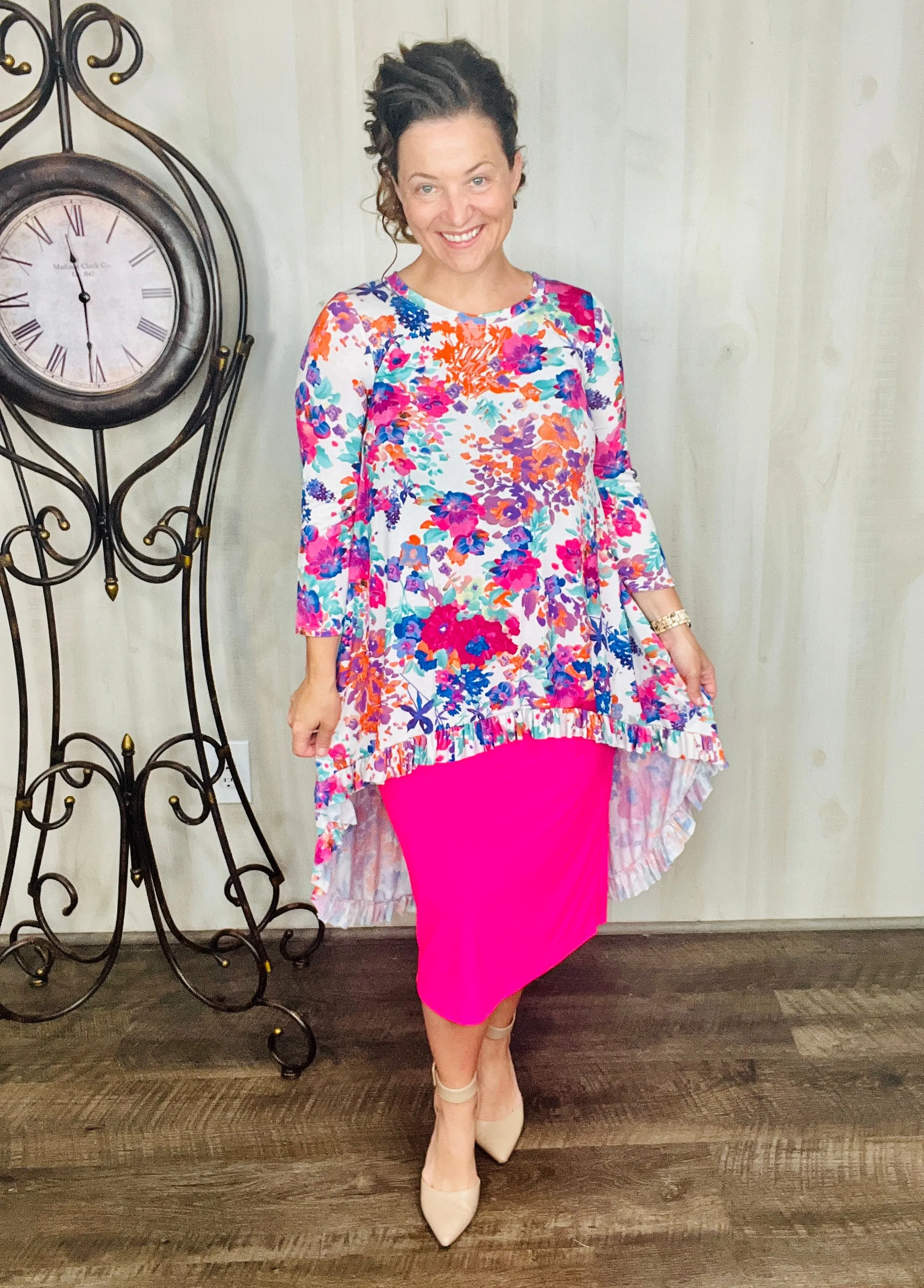 Ivory & Floral Dramatic High-Low Tunic