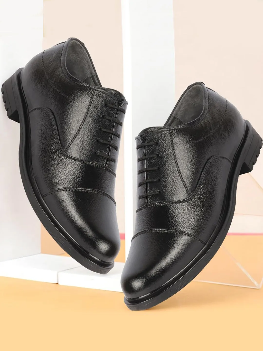 Men Black Genuine Leather Formal Office Comfort Broad Feet Oxford Lace Up Shoes