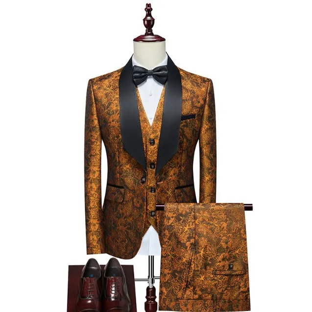 Men's 3 Pieces Tuxedo Suit Set Floral Pattern Premium Quality Blazer Waistcoat & Pants 3 Pcs Set Wedding Party & Festive Occasions | 802