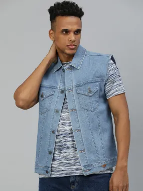 Men's Light Blue Regular Fit Washed Sleeveless Denim Jacket