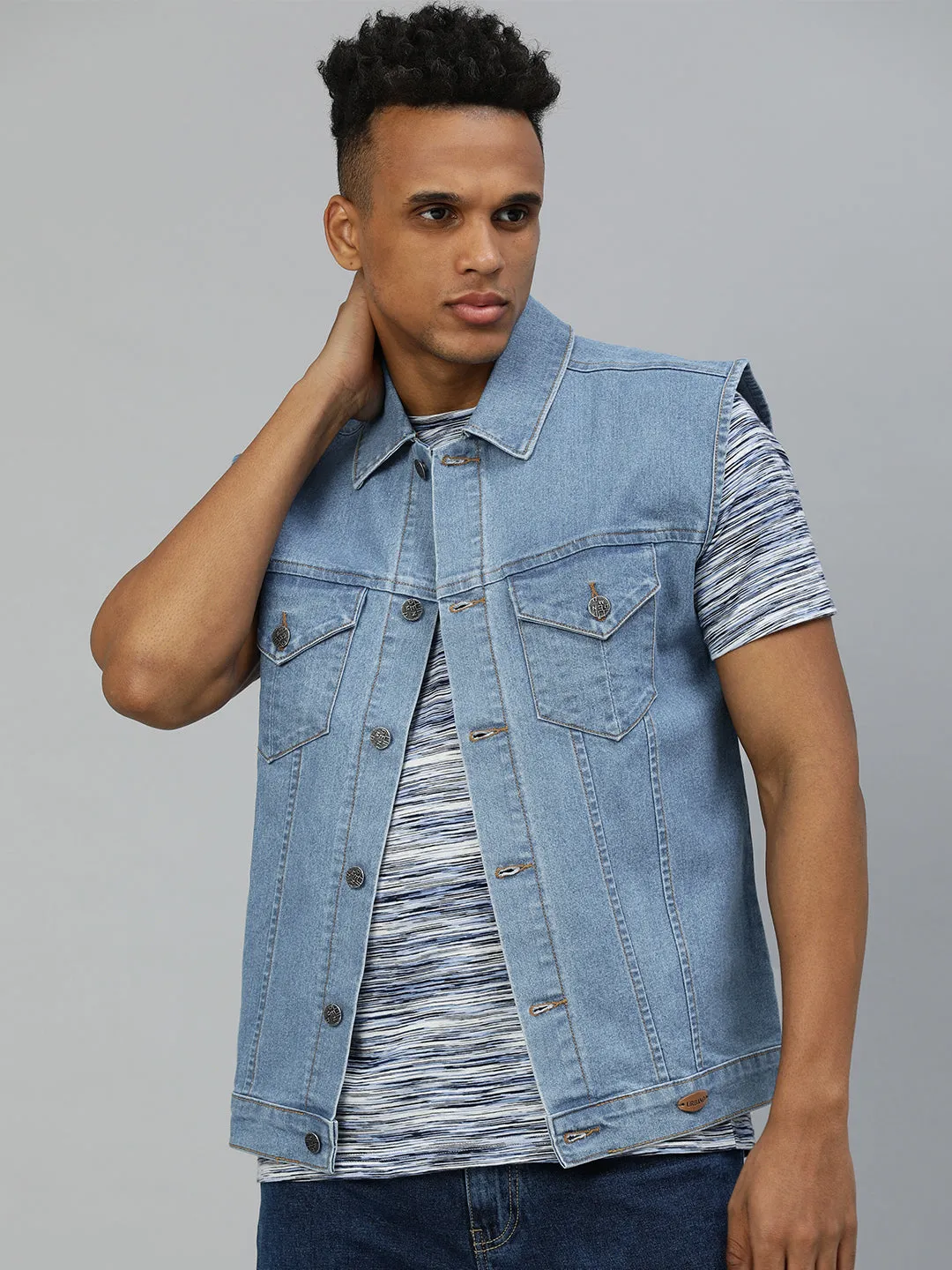 Men's Light Blue Regular Fit Washed Sleeveless Denim Jacket