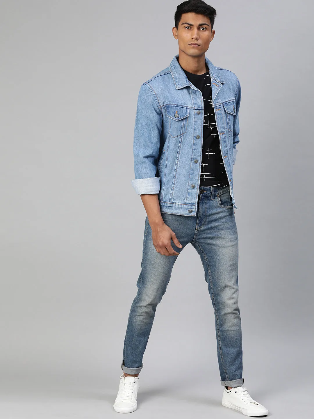 Men's Light Blue Solid Regular Fit Washed Full Sleeve Denim Jacket