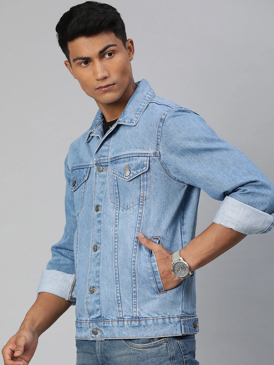 Men's Light Blue Solid Regular Fit Washed Full Sleeve Denim Jacket