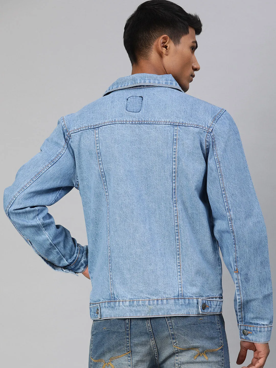 Men's Light Blue Solid Regular Fit Washed Full Sleeve Denim Jacket