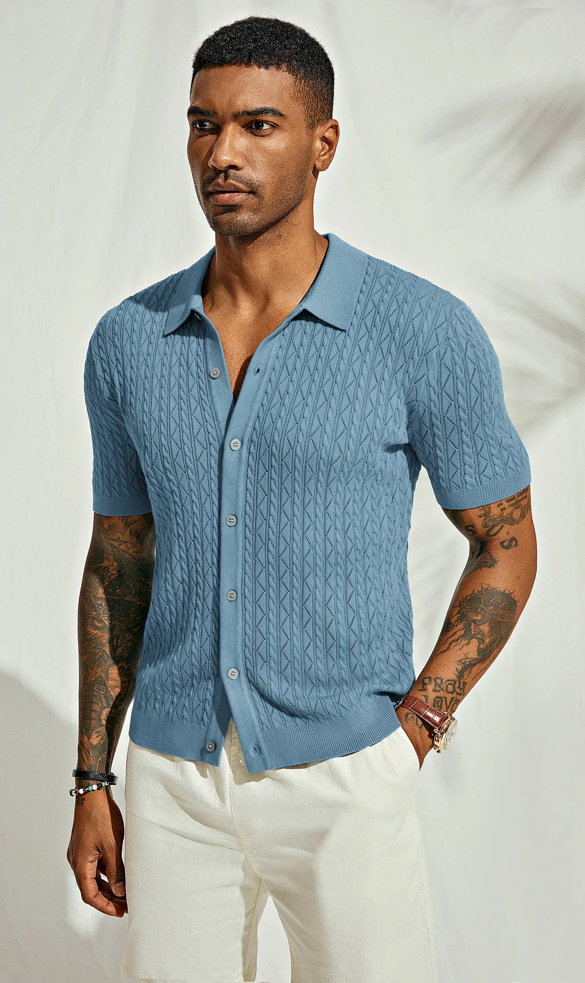 Men's Polo Short Cardigan Shirt Hollowed-Out Textured Casual Knitted Golf Shirt