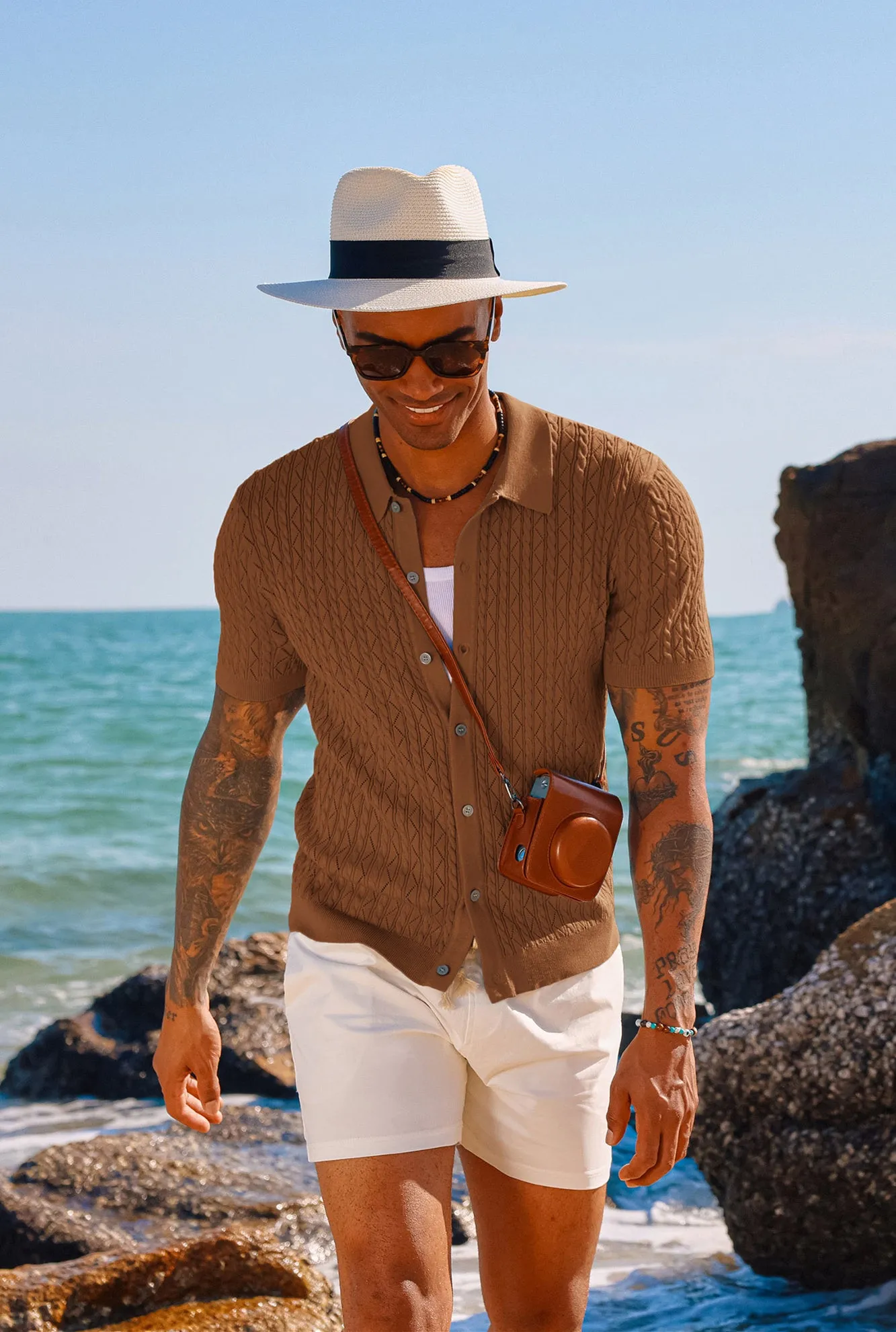 Men's Polo Short Cardigan Shirt Hollowed-Out Textured Casual Knitted Golf Shirt