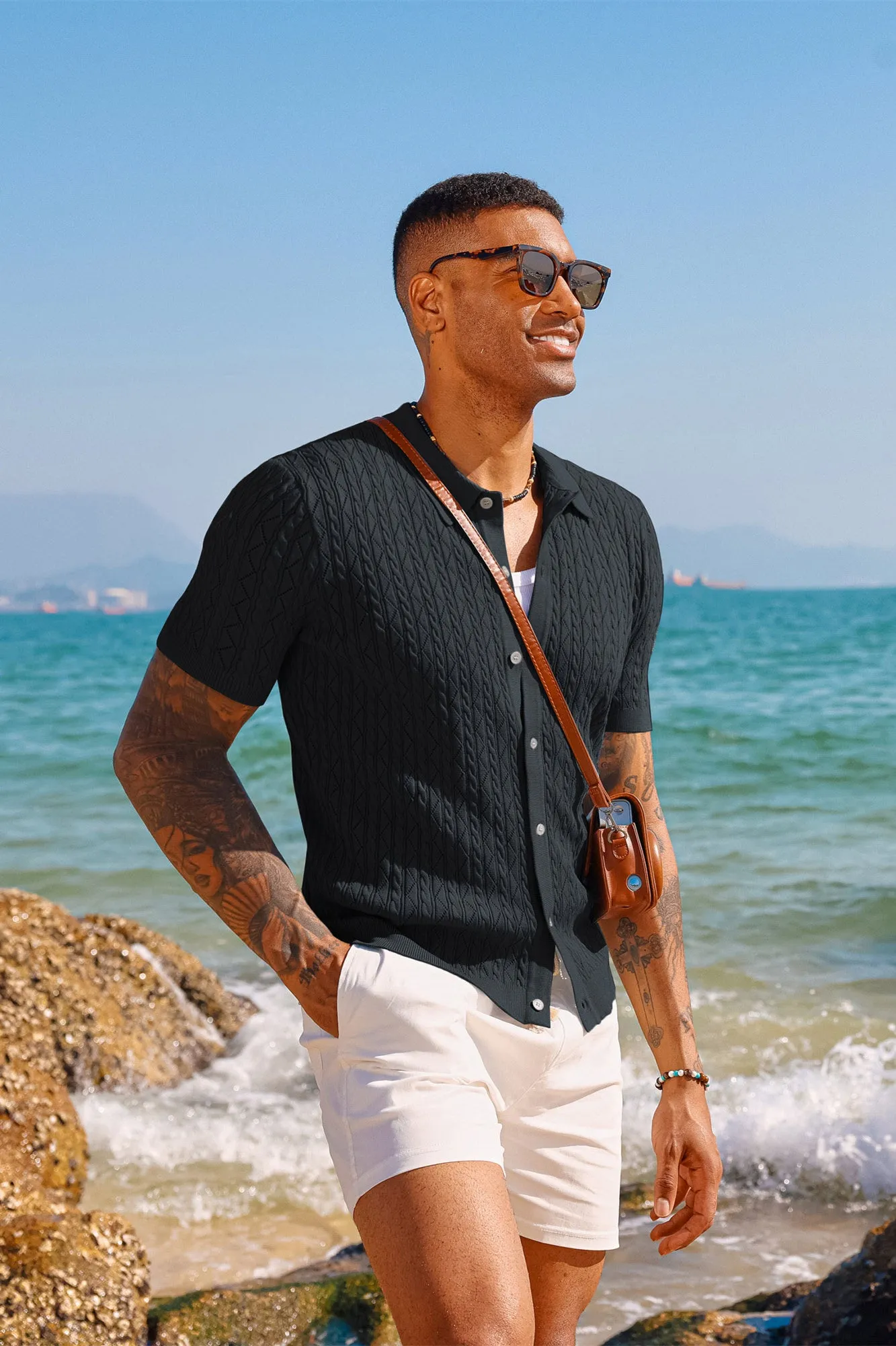 Men's Polo Short Cardigan Shirt Hollowed-Out Textured Casual Knitted Golf Shirt