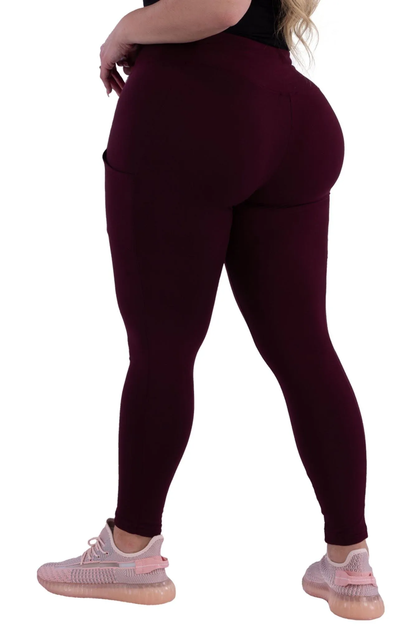 Plus Size Solid Fleece Lined Sports Leggings With Side Pockets - Burgundy