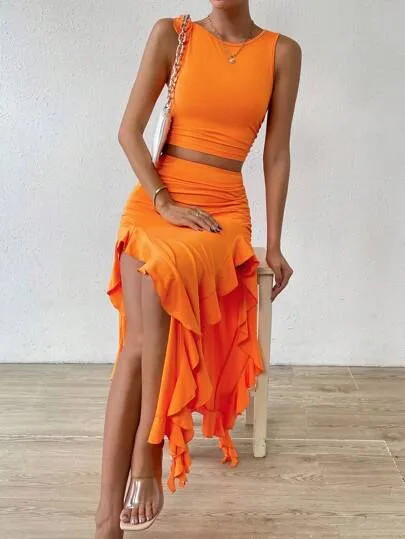 Solid tank top & ruffle trim split thigh skirt in orange