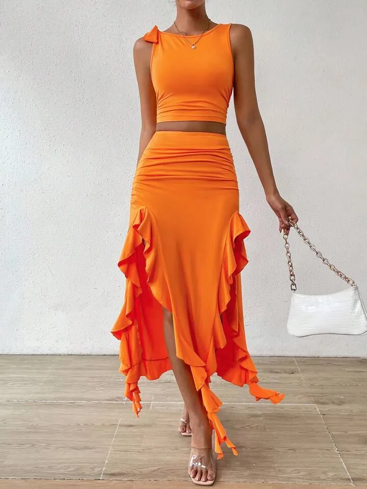 Solid tank top & ruffle trim split thigh skirt in orange