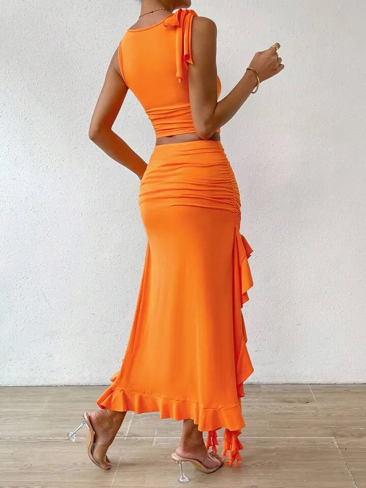 Solid tank top & ruffle trim split thigh skirt in orange