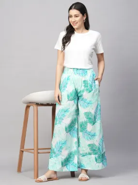 Women's Blue Cotton Flax Wide Leg Pant